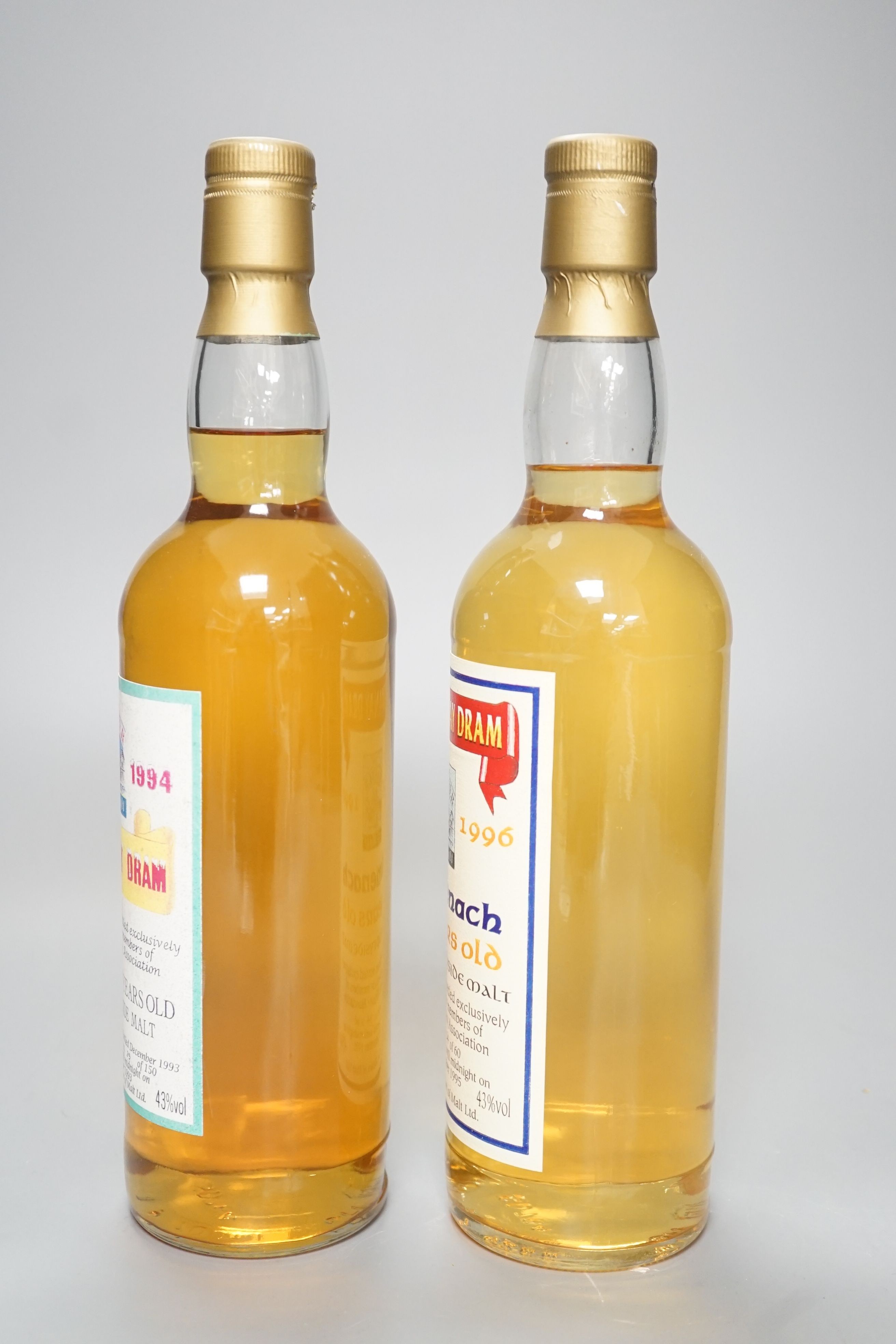 Two exclusive Master of Malt series whiskies: Hogmanay dram 1993/1994 Tomintoul 17 year old, distilled 8/10/76 bottled 12/1993 case no. 7353 bottle 29/150 and Balmenach 21 year old, bottle no. 34/60 'not to be opened unt